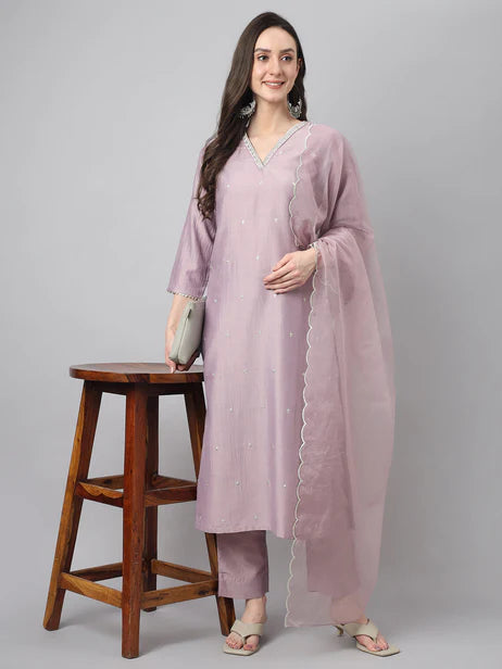 Lavender Chinon Embellished Kurta with Pant and Dupatta