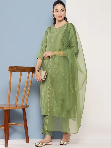 Green Chinon Solid Kurta with Pant and Dupatta