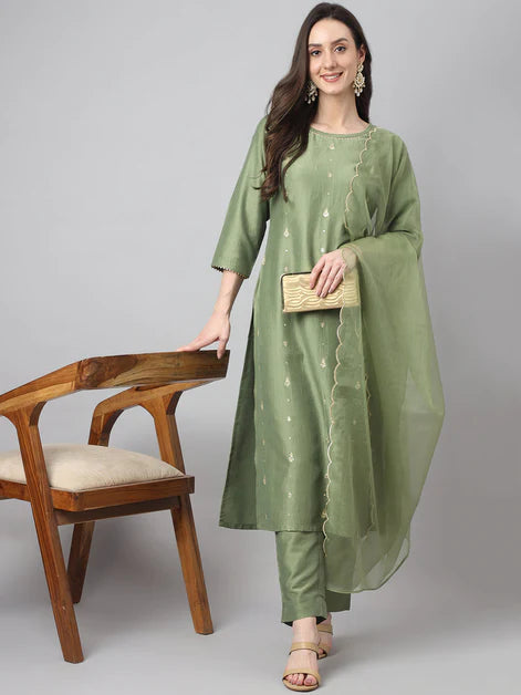 Women's Green Chinon Embroidered Kurta with Pant and Dupatta