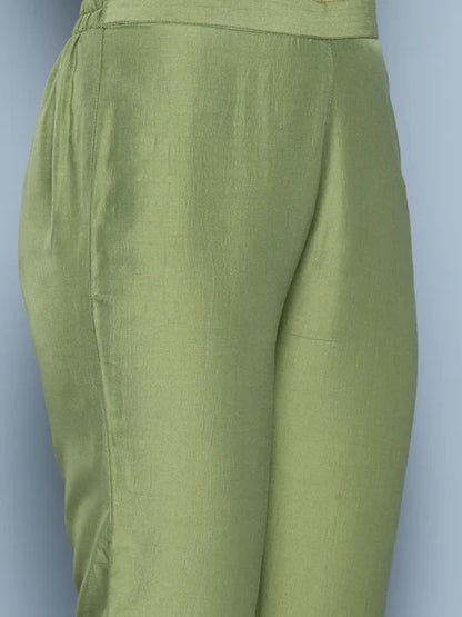 Green Chinon Solid Kurta with Pant and Dupatta