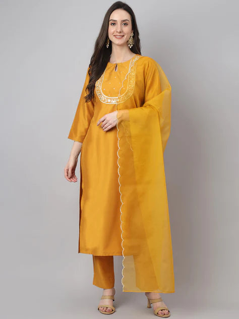 Mustard Chinon Solid Kurta with Pant and Dupatta