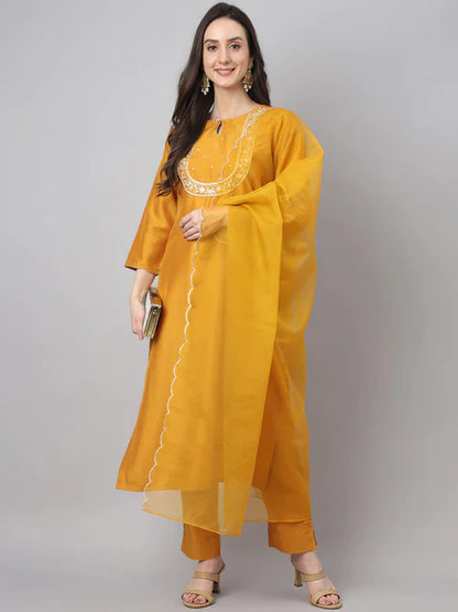 Mustard Chinon Solid Kurta with Pant and Dupatta