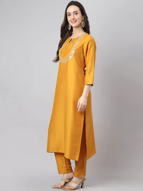 Mustard Chinon Solid Kurta with Pant and Dupatta