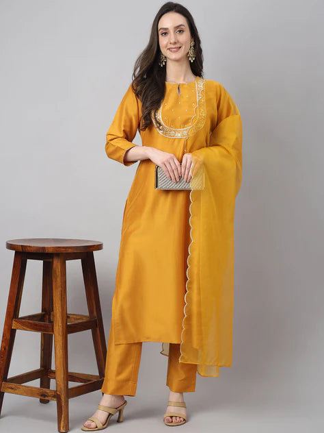 Mustard Chinon Solid Kurta with Pant and Dupatta