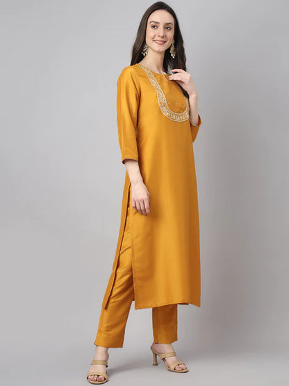 Mustard Chinon Solid Kurta with Pant and Dupatta