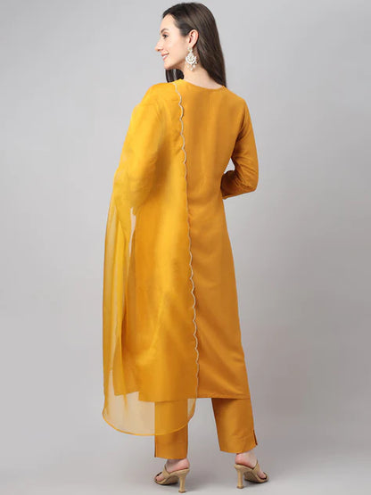 Mustard Chinon Solid Kurta with Pant and Dupatta