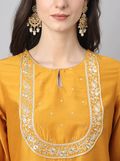 Mustard Chinon Solid Kurta with Pant and Dupatta