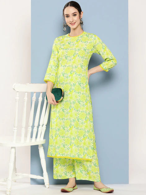 Lemon Green Crepe Digital Printed Kurta with Palazzo