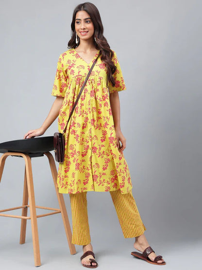 Yellow Cotton Floral Printed Kurta with Pants