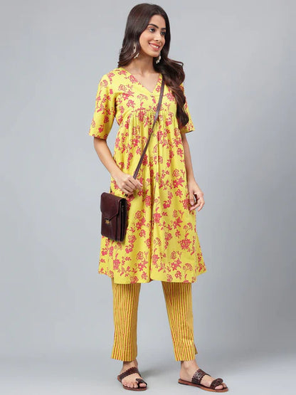 Yellow Cotton Floral Printed Kurta with Pants