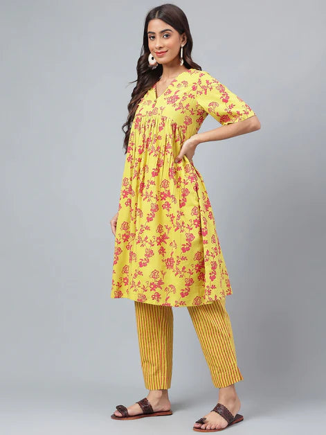 Yellow Cotton Floral Printed Kurta with Pants