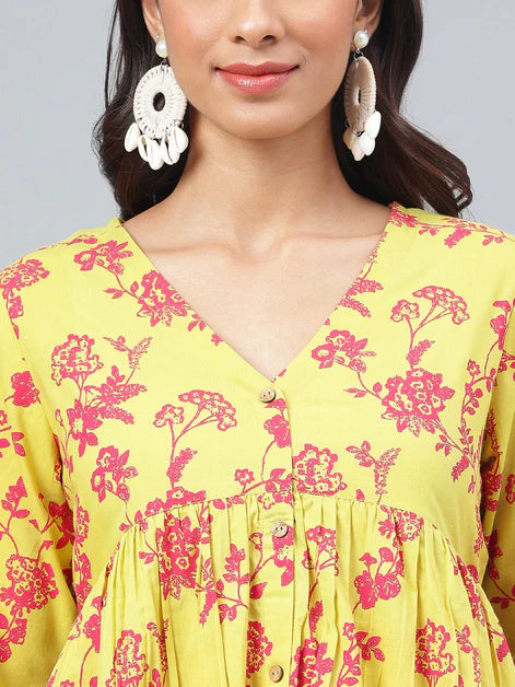 Yellow Cotton Floral Printed Kurta with Pants