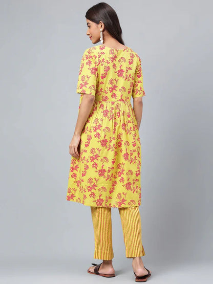 Yellow Cotton Floral Printed Kurta with Pants