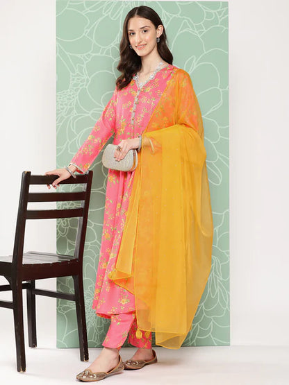 Pink Moss Digital Floral Printed Kurta with Pant and Dupatta