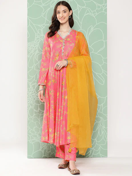 Pink Moss Digital Floral Printed Kurta with Pant and Dupatta