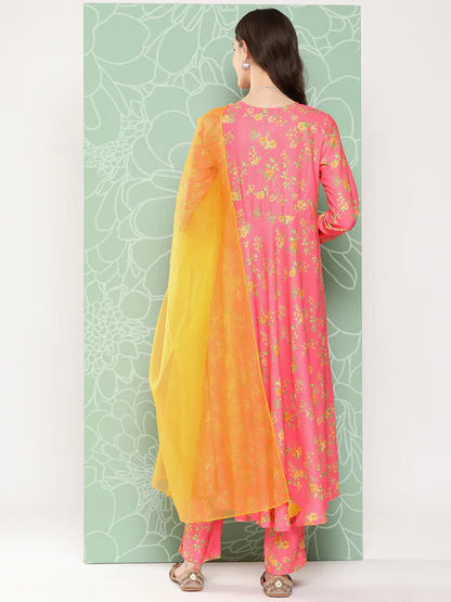 Pink Moss Digital Floral Printed Kurta with Pant and Dupatta