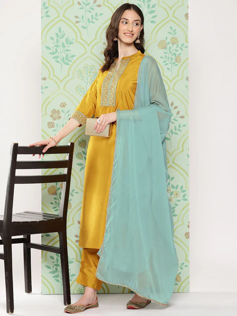 Mustard Crepe Silk Solid Kurta with Pant and Dupatta