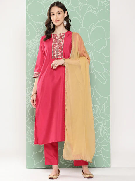 Pink Crepe Silk Solid Kurta with Pant and Dupatta