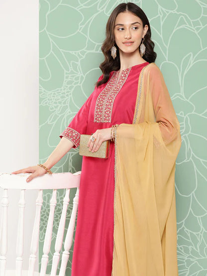 Pink Crepe Silk Solid Kurta with Pant and Dupatta