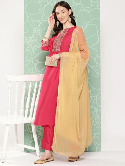 Pink Crepe Silk Solid Kurta with Pant and Dupatta