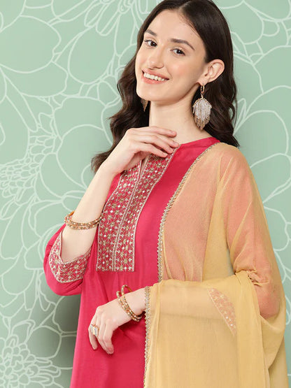 Pink Crepe Silk Solid Kurta with Pant and Dupatta