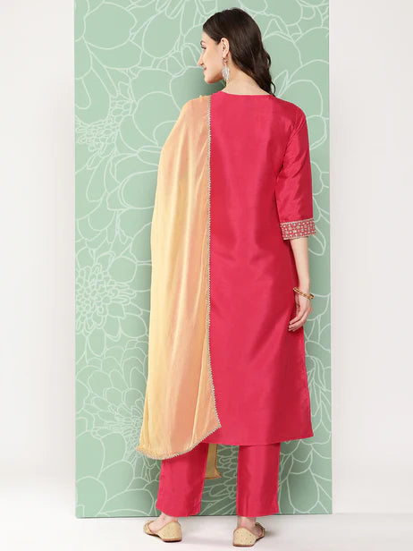 Pink Crepe Silk Solid Kurta with Pant and Dupatta