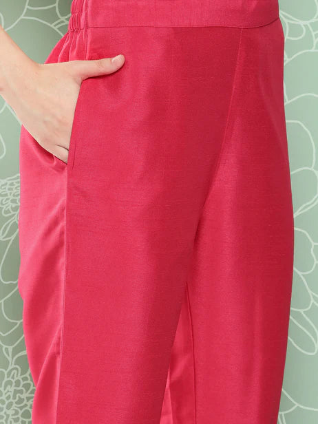 Pink Crepe Silk Solid Kurta with Pant and Dupatta