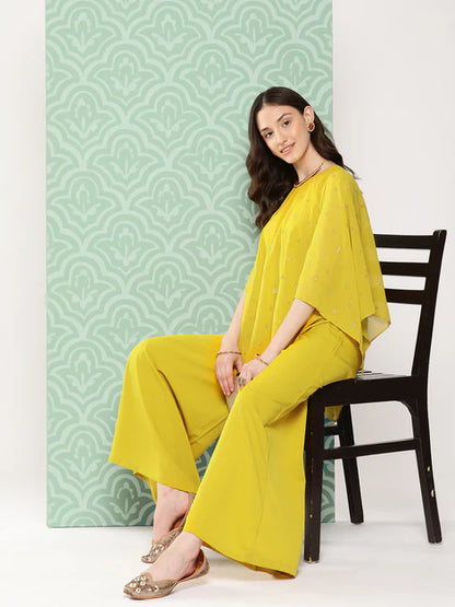 Yellow Crepe Solid Top with Palazzo and Cape