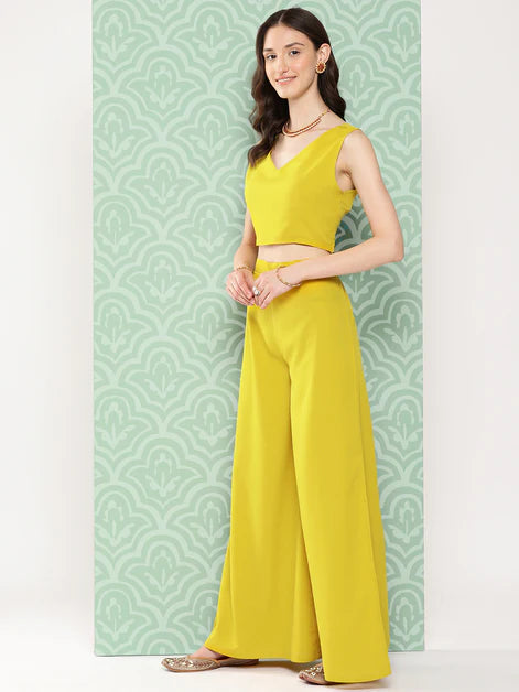 Yellow Crepe Solid Top with Palazzo and Cape