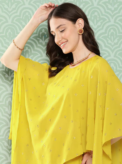 Yellow Crepe Solid Top with Palazzo and Cape