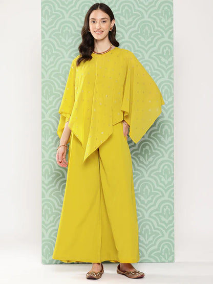 Yellow Crepe Solid Top with Palazzo and Cape