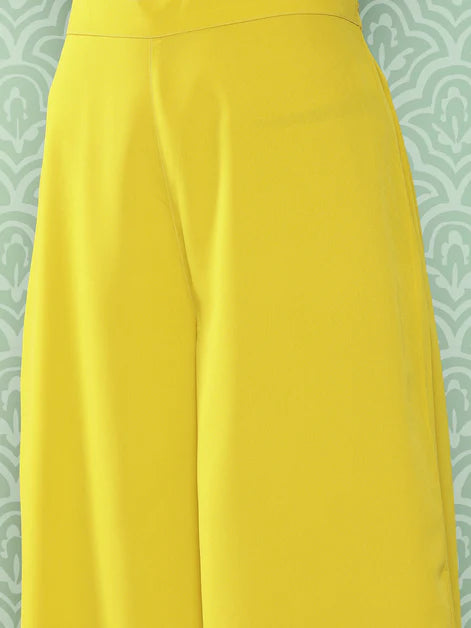 Yellow Crepe Solid Top with Palazzo and Cape