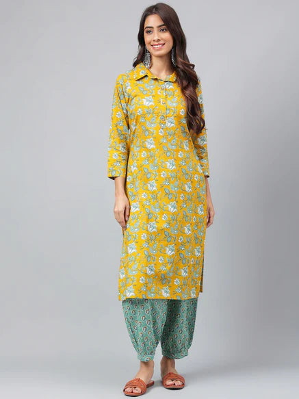 Mustard Cotton Floral Printed Kurta with Balloon Pant