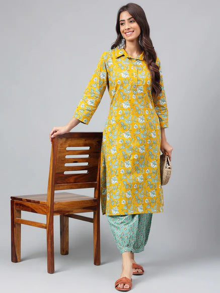 Mustard Cotton Floral Printed Kurta with Balloon Pant