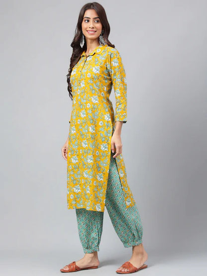 Mustard Cotton Floral Printed Kurta with Balloon Pant