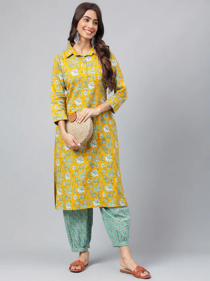 Mustard Cotton Floral Printed Kurta with Balloon Pant