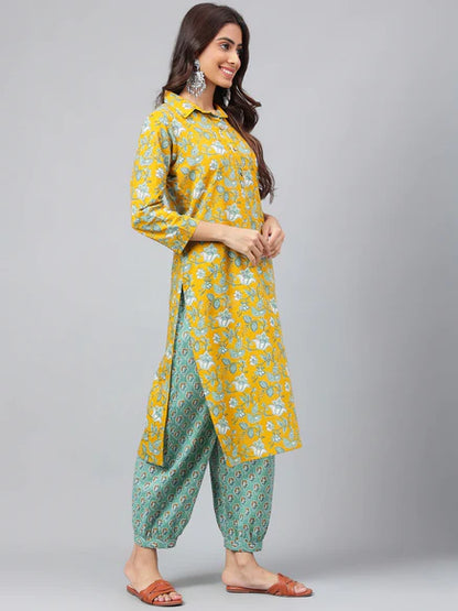 Mustard Cotton Floral Printed Kurta with Balloon Pant