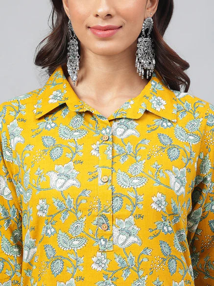 Mustard Cotton Floral Printed Kurta with Balloon Pant