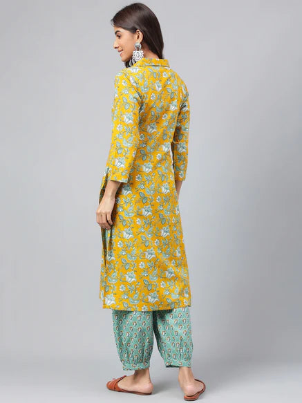 Mustard Cotton Floral Printed Kurta with Balloon Pant