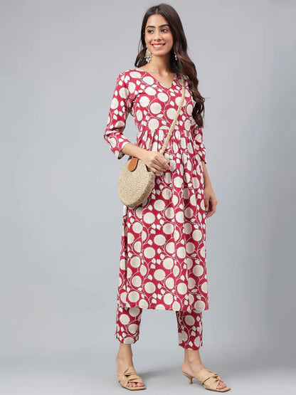 Maroon Cotton Floral Printed Kurti Set