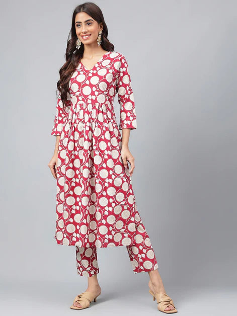 Maroon Cotton Floral Printed Kurti Set