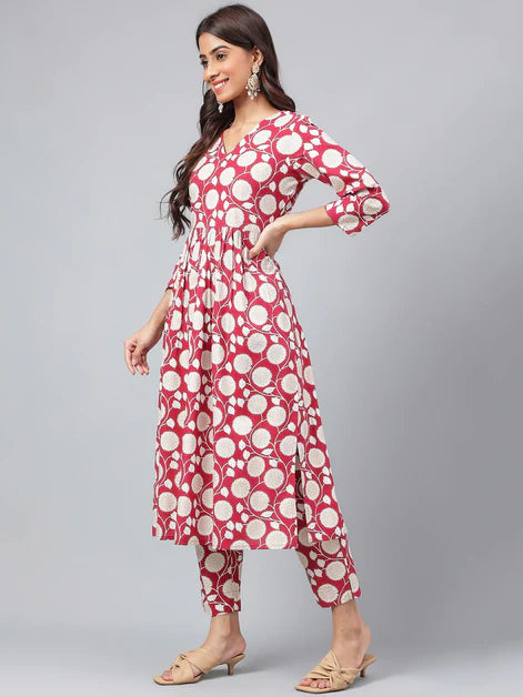 Maroon Cotton Floral Printed Kurti Set