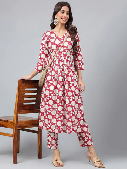 Maroon Cotton Floral Printed Kurti Set