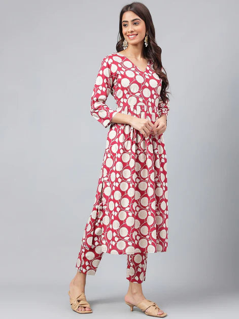 Maroon Cotton Floral Printed Kurti Set