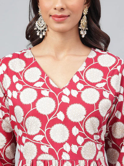 Maroon Cotton Floral Printed Kurti Set