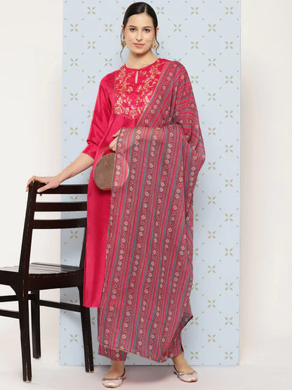 Pink Crepe Silk Yoke Embroidered Solid Kurta with Pant and Dupatta