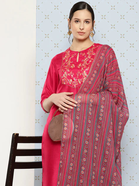 Pink Crepe Silk Yoke Embroidered Solid Kurta with Pant and Dupatta