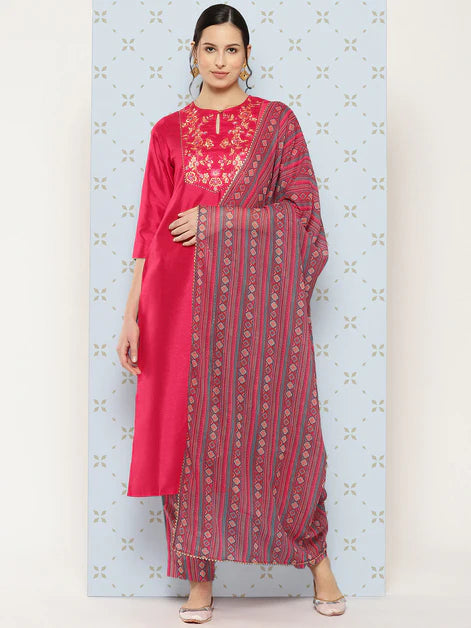 Pink Crepe Silk Yoke Embroidered Solid Kurta with Pant and Dupatta