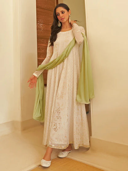 White Chiffon Lurex Foil Printed Kurta and Dupatta