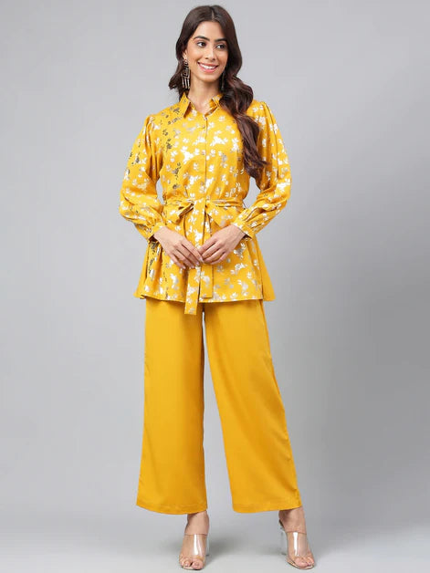 Yellow Crepe Floral Foil Printed Top with Palazzo